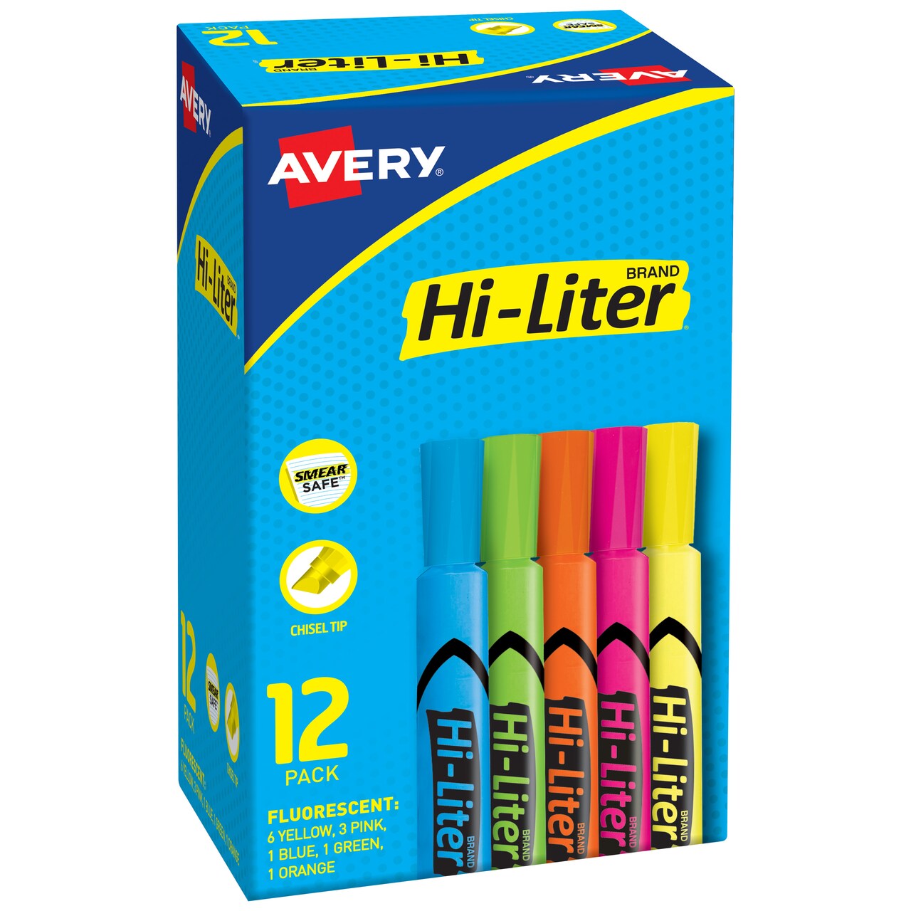 Avery Hi-Liter Desk-Style Highlighters, SmearSafe, Chisel Tip, 12 Assorted Color Highlighters (98034)